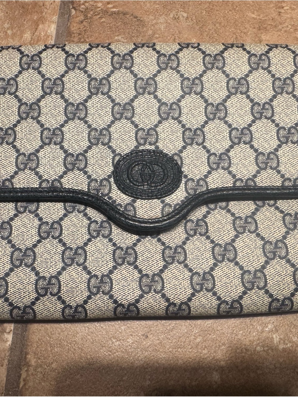 Gucci Beige and Black GG Canvas Wallet Clutch with Black Leather Trim
